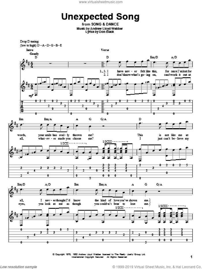 Unexpected Song (from Song and Dance) sheet music for guitar solo by Bernadette Peters, Song And Dance (Musical), Andrew Lloyd Webber and Don Black, intermediate skill level