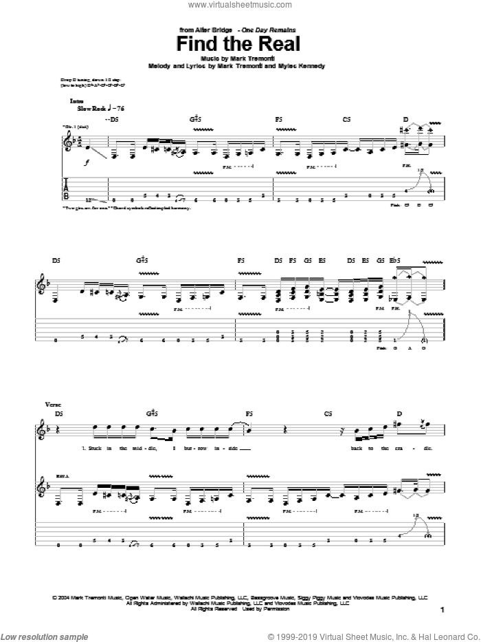 Find The Real sheet music for guitar (tablature) by Alter Bridge, Mark Tremonti and Myles Kennedy, intermediate skill level