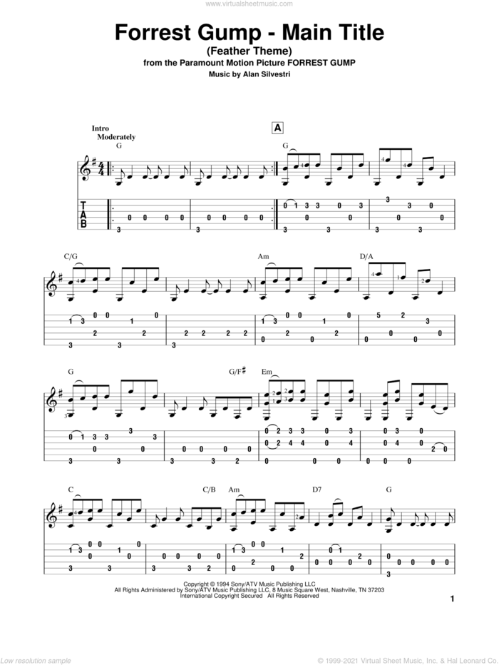 Forrest Gump - Main Title (Feather Theme) sheet music for guitar solo by Alan Silvestri, intermediate skill level