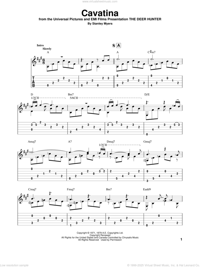 Cavatina (from The Deer Hunter) sheet music for guitar solo by Stanley Myers, classical score, intermediate+ skill level