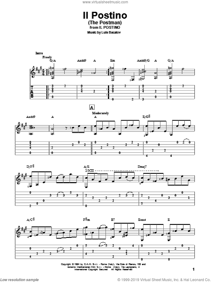 Il Postino (The Postman) sheet music for guitar solo by Luis Bacalov, intermediate skill level