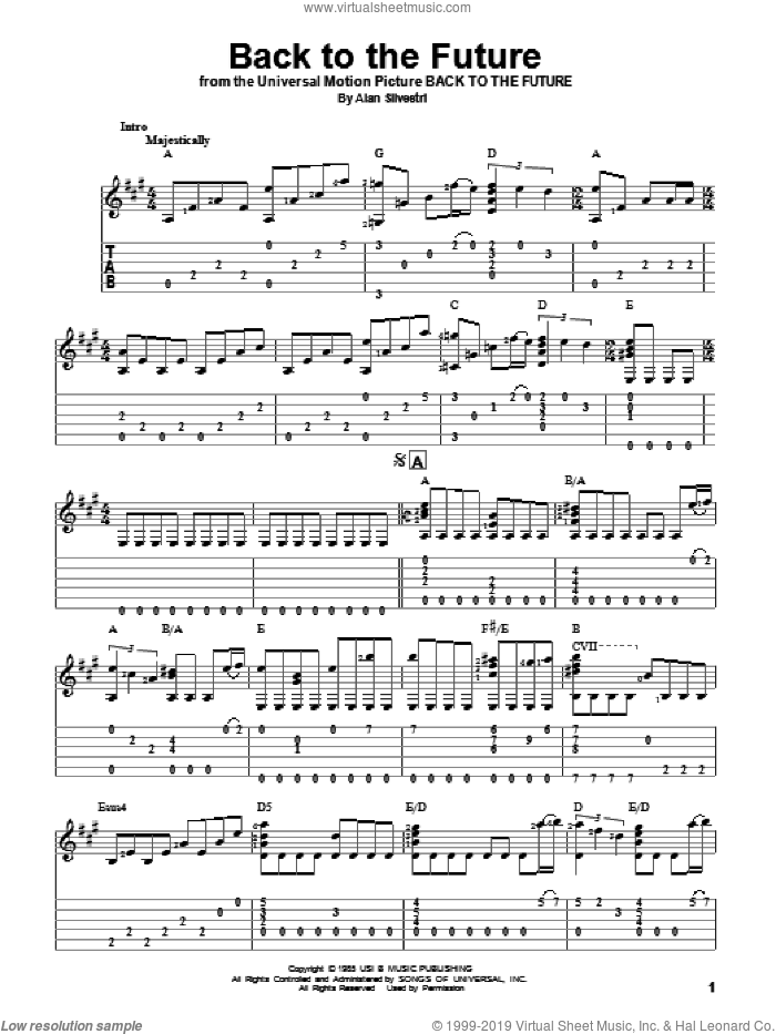 Back To The Future (Theme) sheet music for guitar solo by Alan Silvestri, intermediate skill level