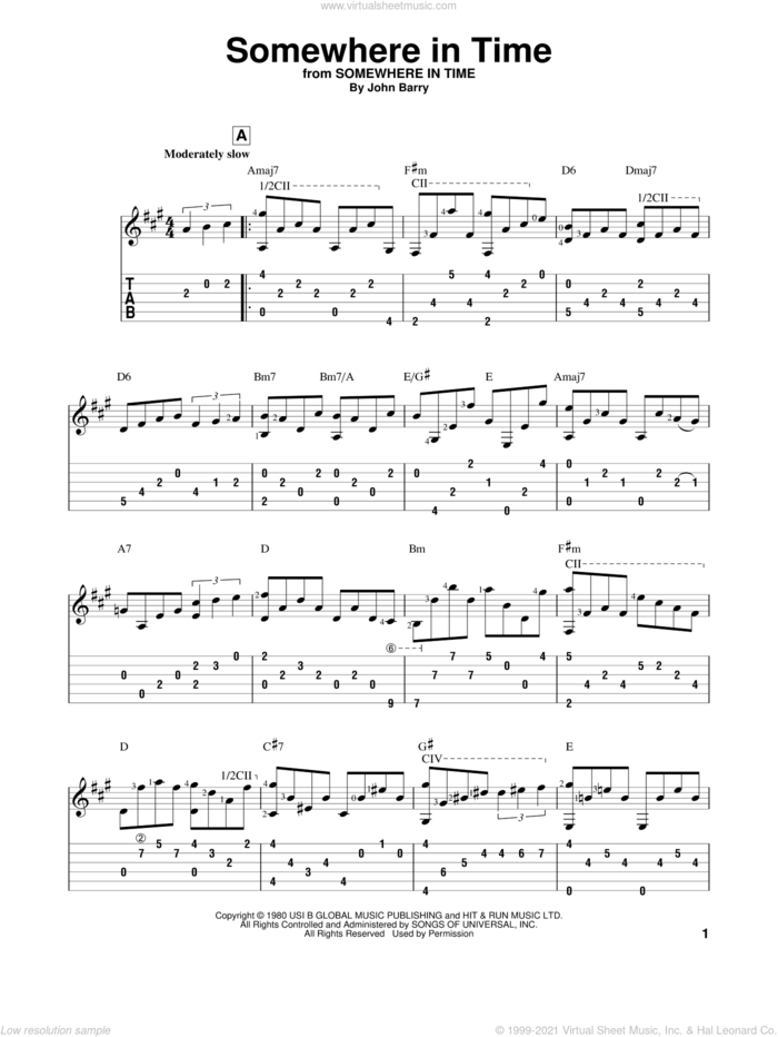 Somewhere In Time sheet music for guitar solo by John Barry and B.A. Robertson, intermediate skill level