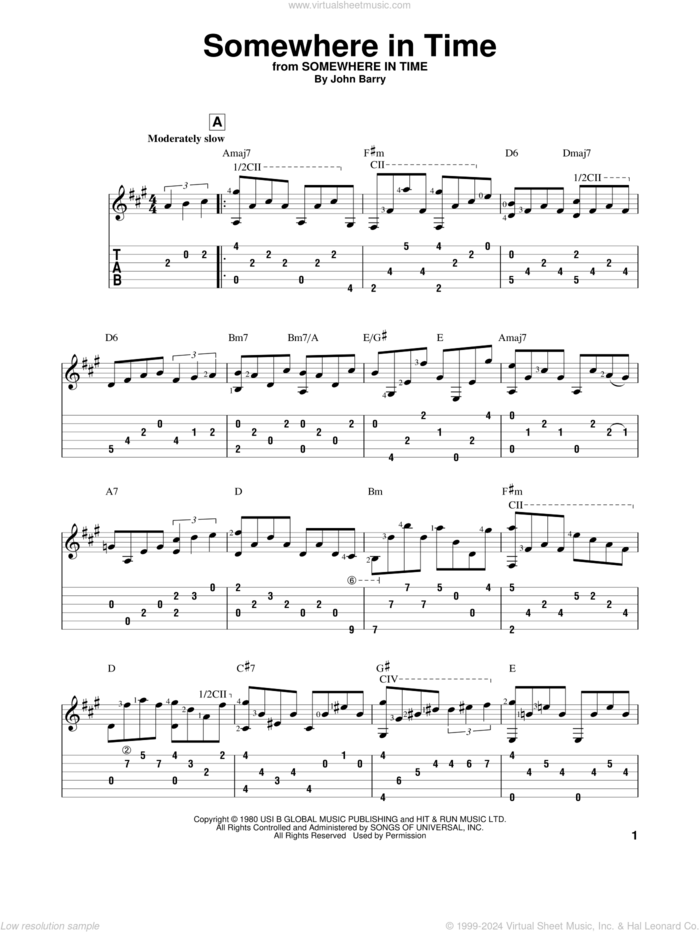 Somewhere In Time sheet music for guitar solo by John Barry and B.A. Robertson, intermediate skill level