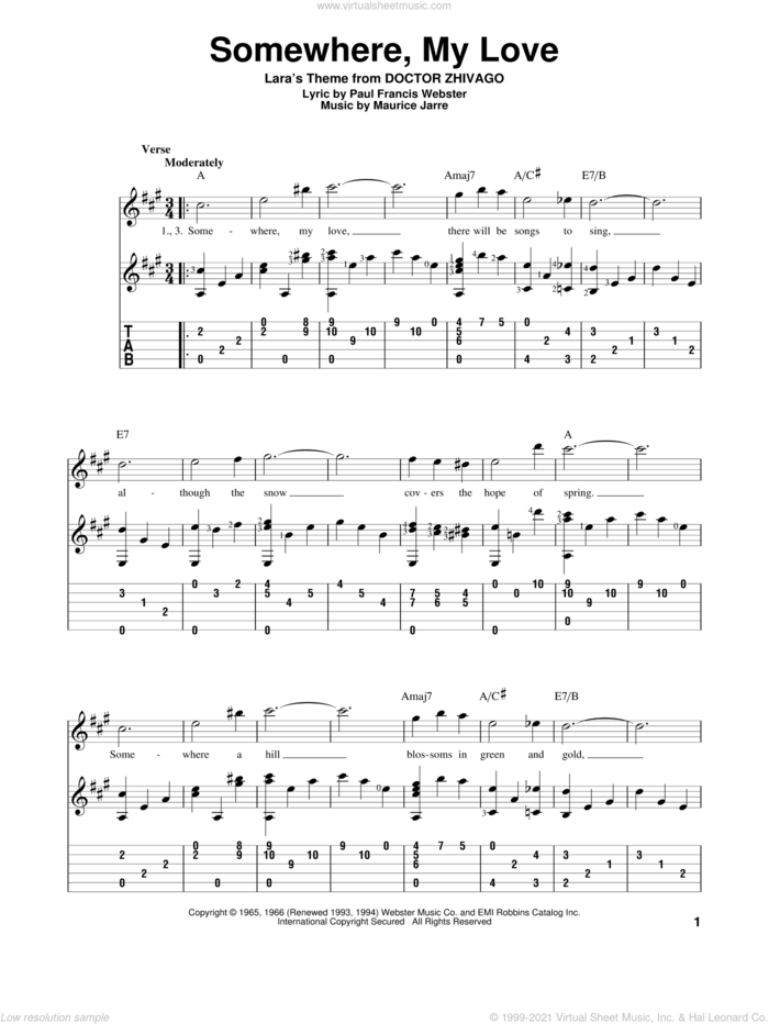 Somewhere, My Love sheet music for guitar solo by Maurice Jarre and Paul Francis Webster, wedding score, intermediate skill level