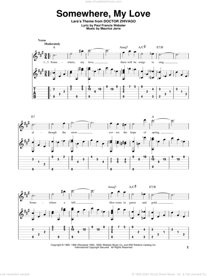 Somewhere, My Love sheet music for guitar solo by Maurice Jarre and Paul Francis Webster, wedding score, intermediate skill level