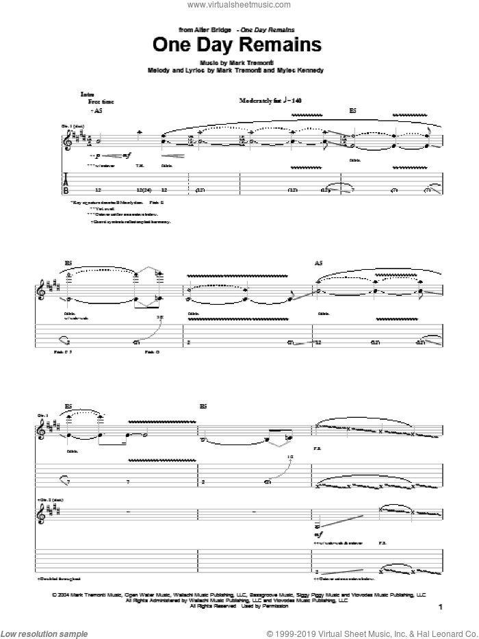 One Day Remains sheet music for guitar (tablature) by Alter Bridge, Mark Tremonti and Myles Kennedy, intermediate skill level