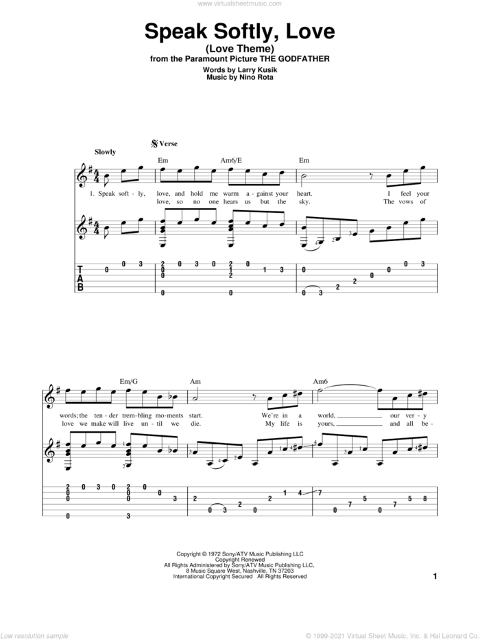 Speak Softly, Love (Love Theme) sheet music for guitar solo by Andy Williams, Larry Kusik and Nino Rota, intermediate skill level