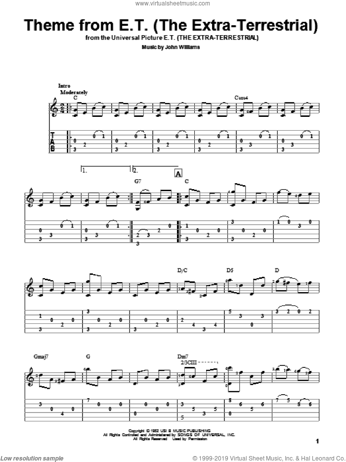Theme From E.T. (The Extra-Terrestrial) sheet music for guitar solo by John Williams, intermediate skill level