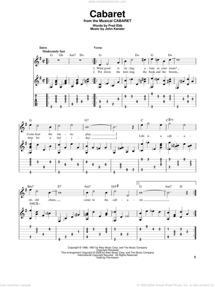 Cabaret sheet music for guitar solo by Kander & Ebb, Cabaret (Musical), Fred Ebb and John Kander, intermediate skill level