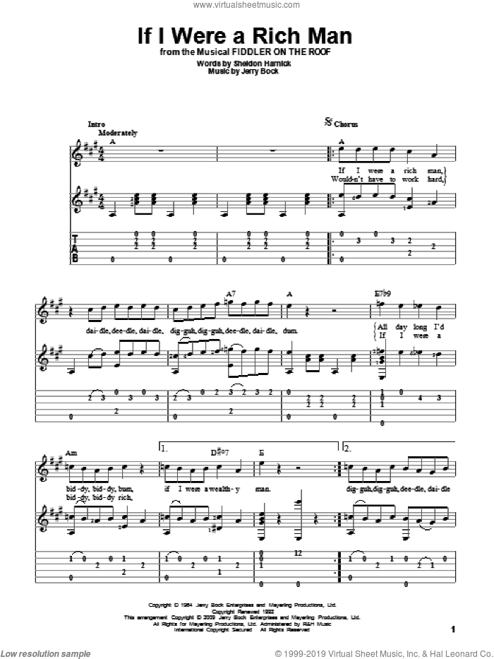 If I Were A Rich Man (from Fiddler On The Roof) sheet music for guitar solo by Bock & Harnick, Fiddler On The Roof (Musical), Jerry Bock and Sheldon Harnick, intermediate skill level