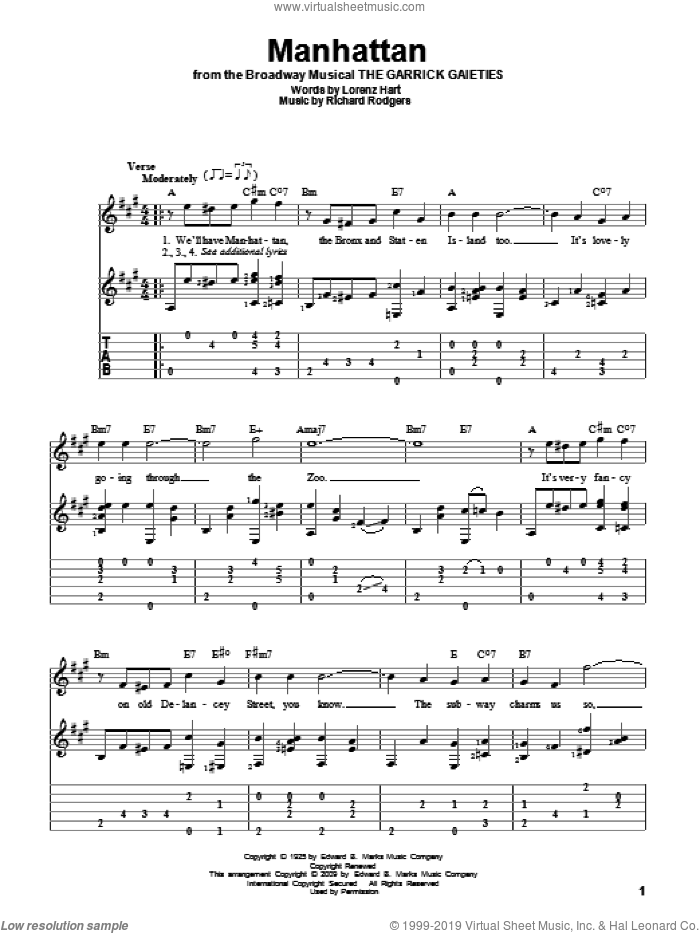 Manhattan sheet music for guitar solo by Rodgers & Hart, Lorenz Hart and Richard Rodgers, intermediate skill level