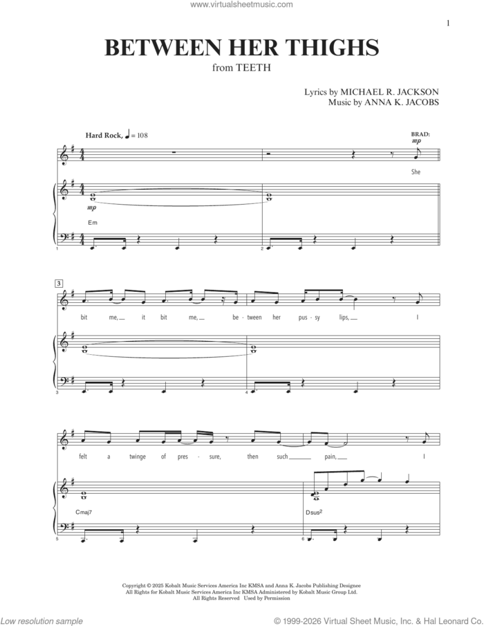 Between Her Thighs (from Teeth) sheet music for voice and piano by Michael R. Jackson, Anna K. Jacobs and Anna K. Jacobs and Michael R. Jackson, intermediate skill level