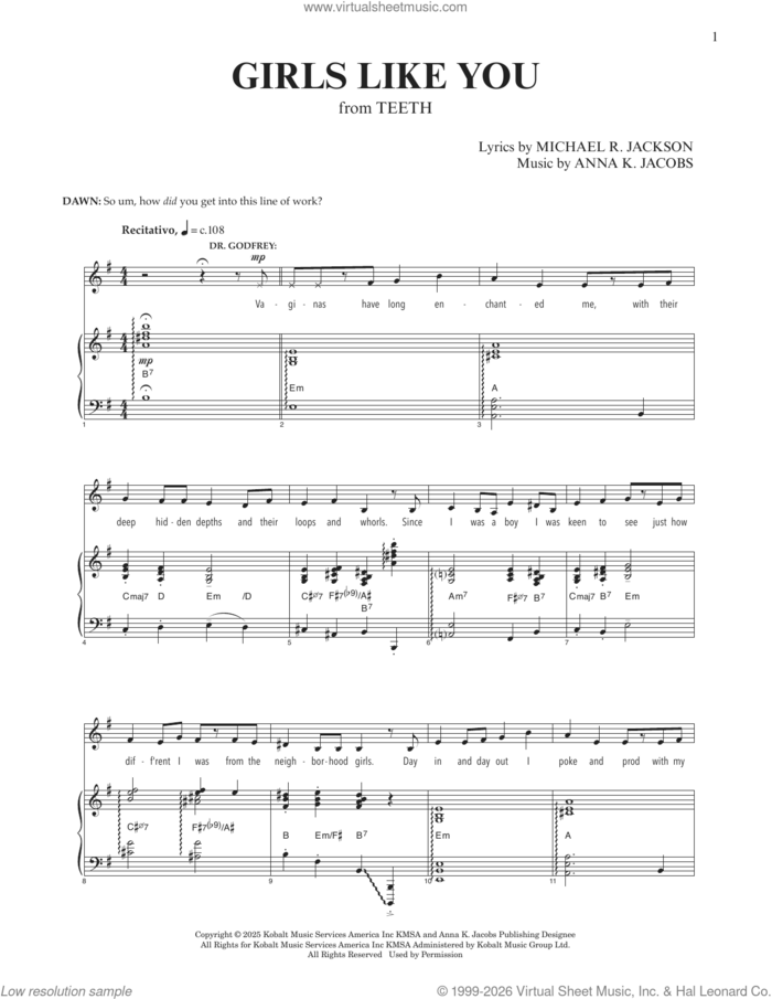 Girls Like You (from Teeth) sheet music for voice and piano by Michael R. Jackson, Anna K. Jacobs and Anna K. Jacobs and Michael R. Jackson, intermediate skill level