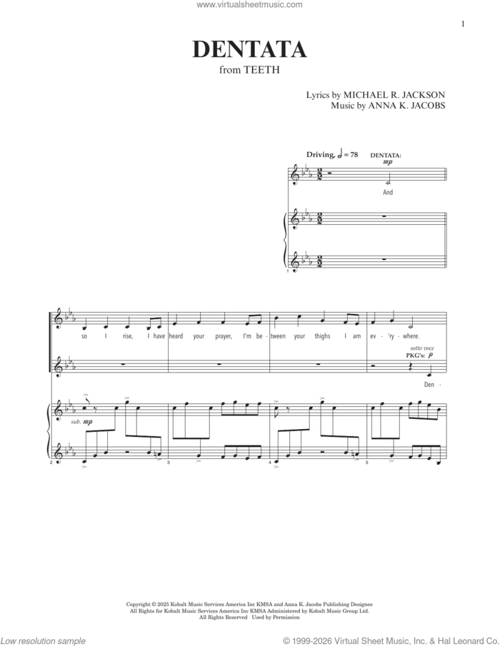 Dentata (from Teeth) sheet music for voice and piano by Michael R. Jackson, Anna K. Jacobs and Anna K. Jacobs and Michael R. Jackson, intermediate skill level