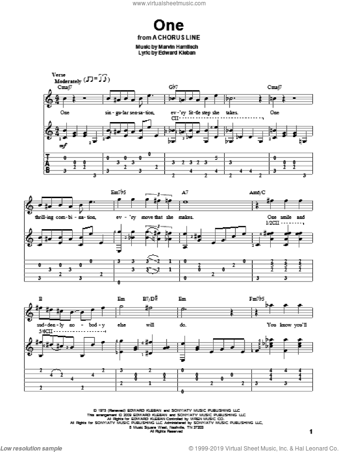 One sheet music for guitar solo by Marvin Hamlisch, A Chorus Line (Musical) and Edward Kleban, intermediate skill level