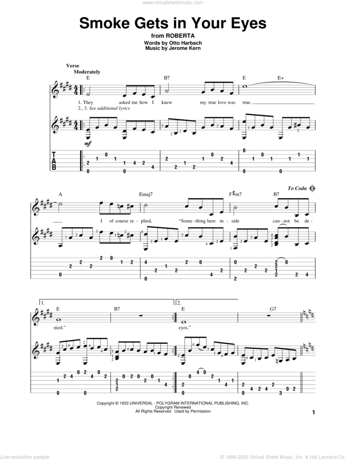 Smoke Gets In Your Eyes sheet music for guitar solo by Jerome Kern, The Platters and Otto Harbach, intermediate skill level