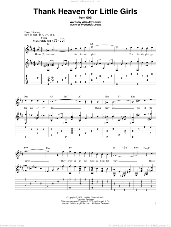 Thank Heaven For Little Girls sheet music for guitar solo by Lerner & Loewe, Gigi (Musical), Alan Jay Lerner and Frederick Loewe, intermediate skill level