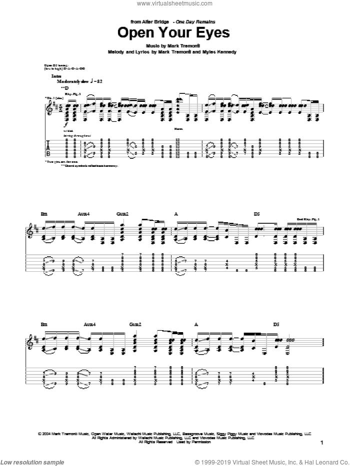 Open Your Eyes sheet music for guitar (tablature) by Alter Bridge, Mark Tremonti and Myles Kennedy, intermediate skill level