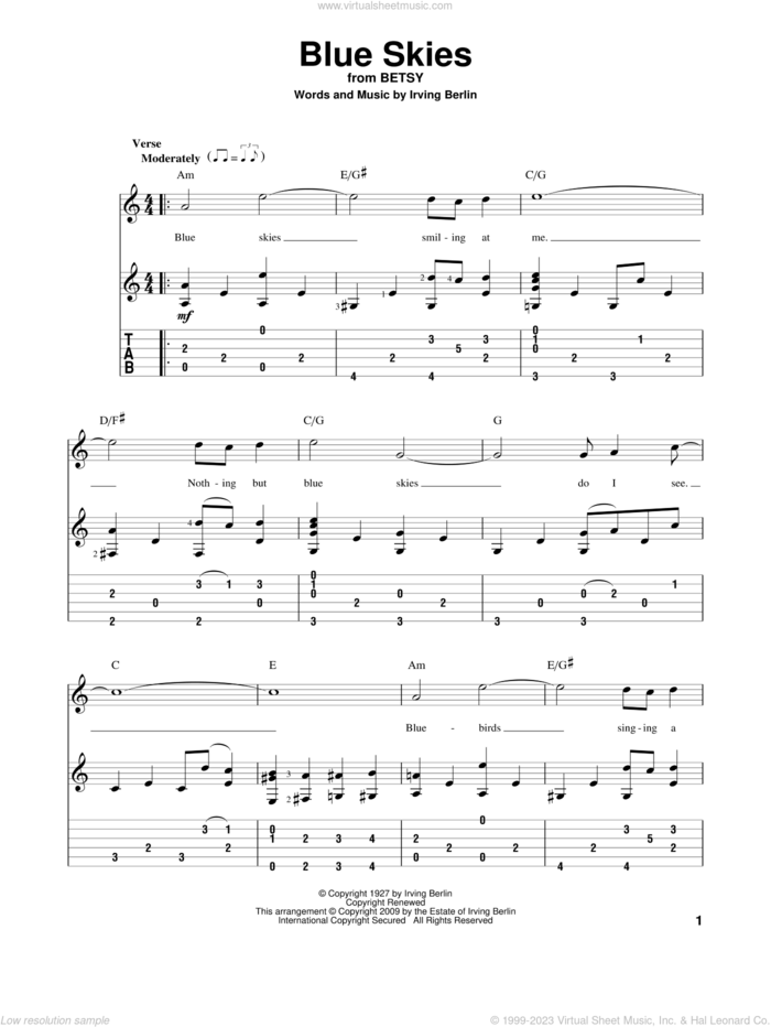 Blue Skies sheet music for guitar solo by Irving Berlin and Willie Nelson, intermediate skill level