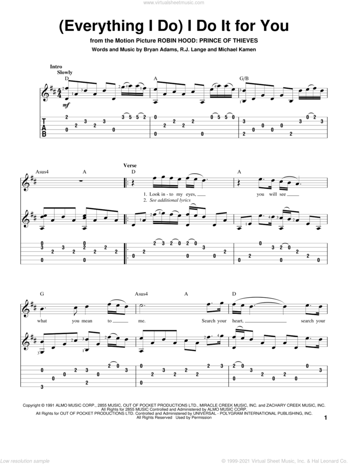 (Everything I Do) I Do It For You sheet music for guitar solo by Bryan Adams, Michael Kamen and Robert John Lange, intermediate skill level