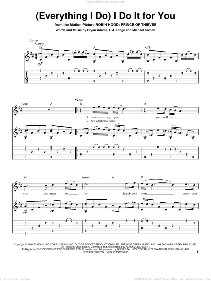 (Everything I Do) I Do It For You sheet music for guitar solo by Bryan Adams, Michael Kamen and Robert John Lange, intermediate skill level