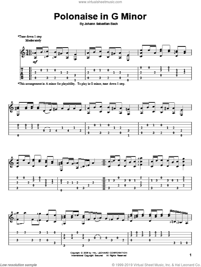 Polonaise In G Minor sheet music for guitar solo by Johann Sebastian Bach, classical score, intermediate skill level
