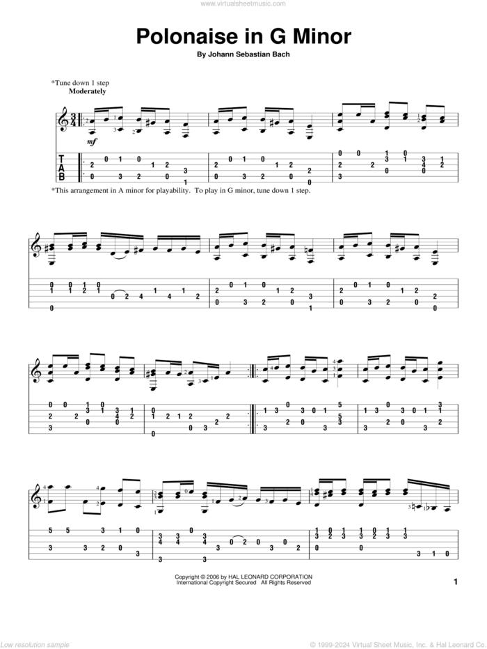 Polonaise In G Minor sheet music for guitar solo by Johann Sebastian Bach, classical score, intermediate skill level