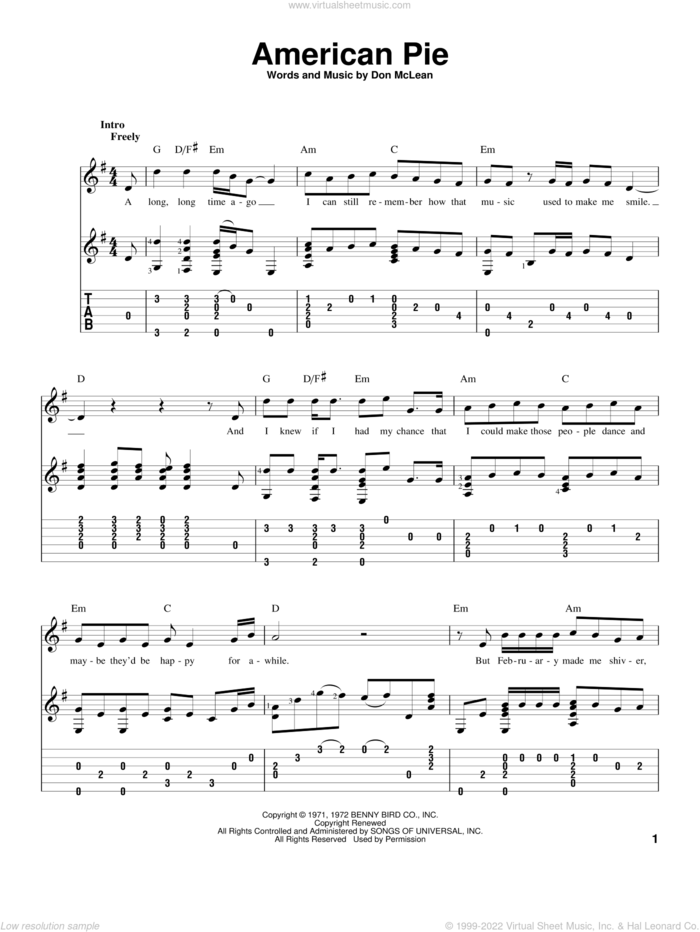 American Pie sheet music for guitar solo by Don McLean, intermediate skill level