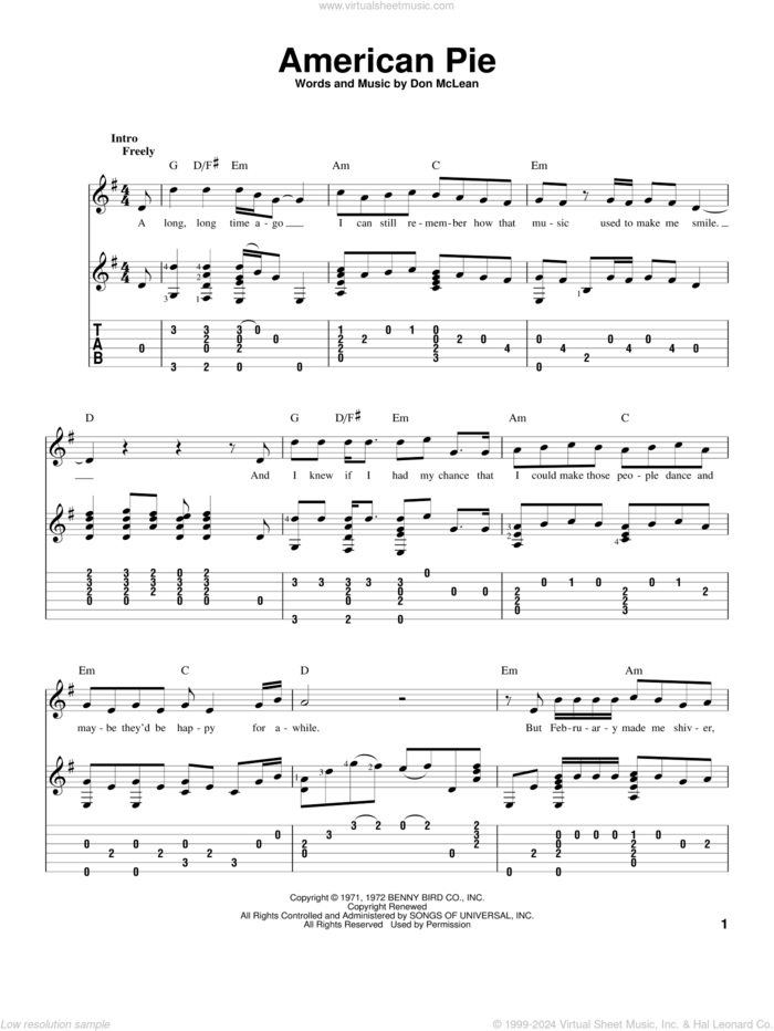 American Pie sheet music for guitar solo by Don McLean, intermediate skill level