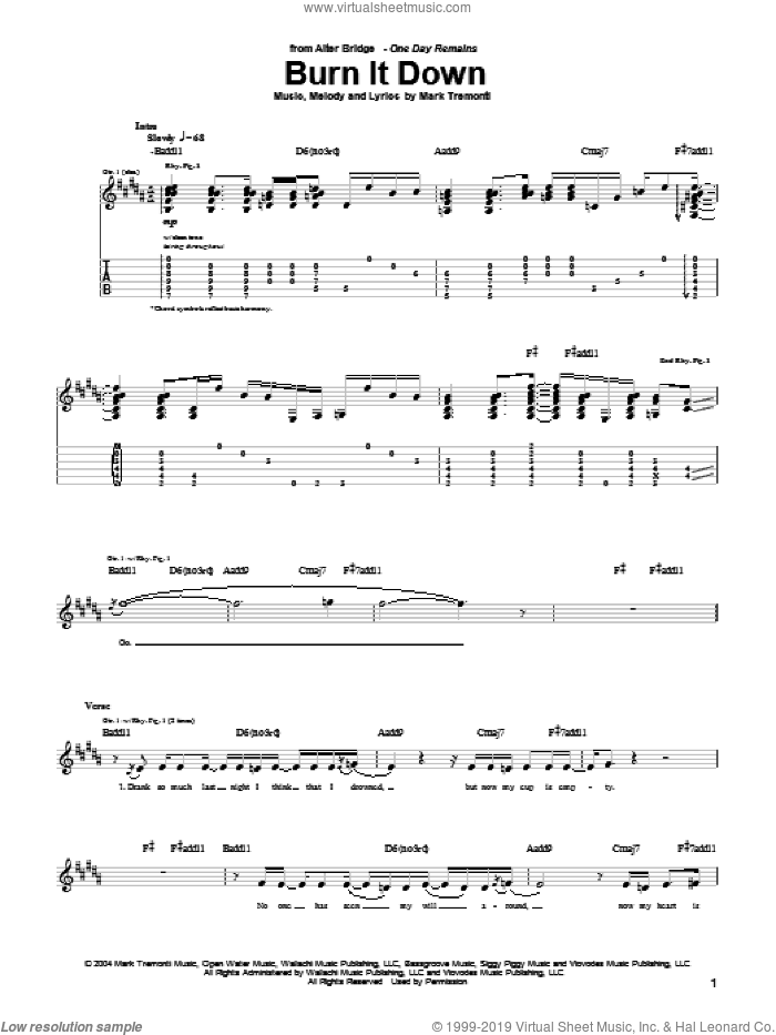 Burn It Down sheet music for guitar (tablature) by Alter Bridge and Mark Tremonti, intermediate skill level
