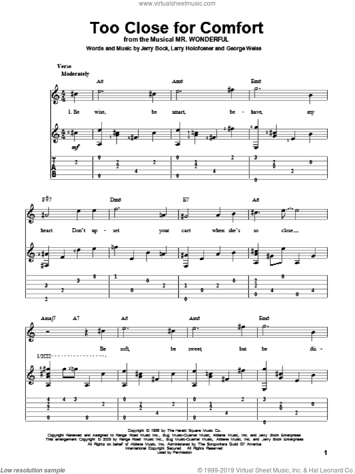 Too Close For Comfort sheet music for guitar solo by Jerry Bock, George David Weiss and Larry Holofcener, intermediate skill level