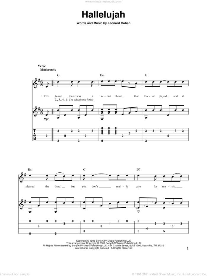 Hallelujah sheet music for guitar solo by Leonard Cohen, intermediate skill level