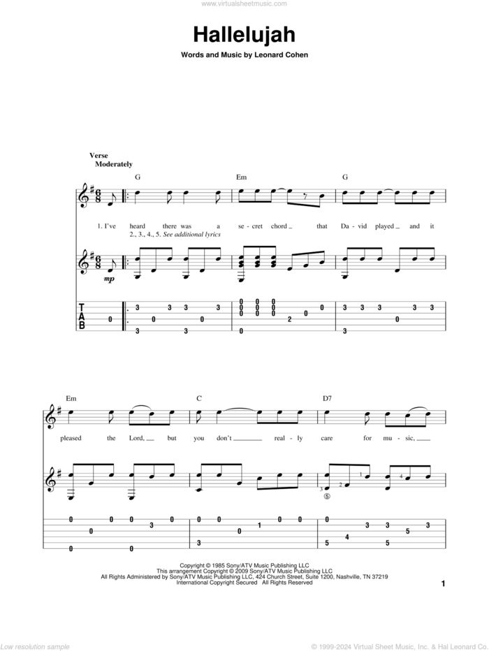 Hallelujah sheet music for guitar solo by Leonard Cohen, intermediate skill level