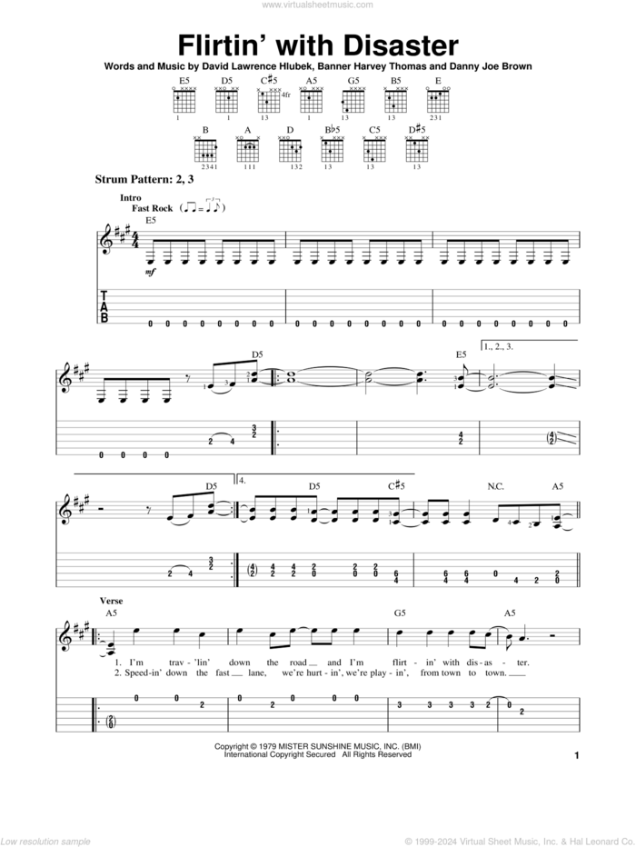 Flirtin' With Disaster sheet music for guitar solo (easy tablature) by Molly Hatchet, Banner Harvey Thomas, Danny Joe Brown and David Lawrence Hlubek, easy guitar (easy tablature)