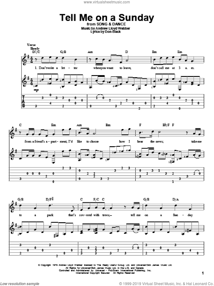 Tell Me On A Sunday sheet music for guitar solo by Andrew Lloyd Webber, Song And Dance (Musical) and Don Black, intermediate skill level