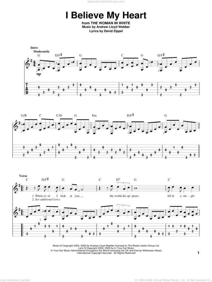 I Believe My Heart (from The Woman In White) sheet music for guitar solo by Andrew Lloyd Webber, The Woman In White (Musical) and David Zippel, intermediate skill level