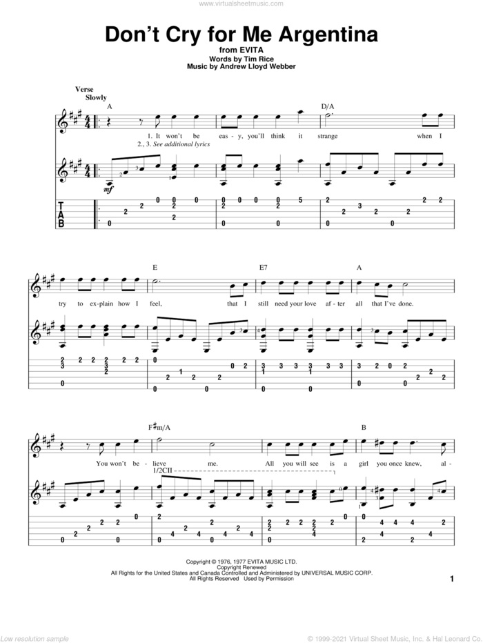 Don't Cry For Me Argentina sheet music for guitar solo by Andrew Lloyd Webber, Evita (Musical), Madonna and Tim Rice, intermediate skill level