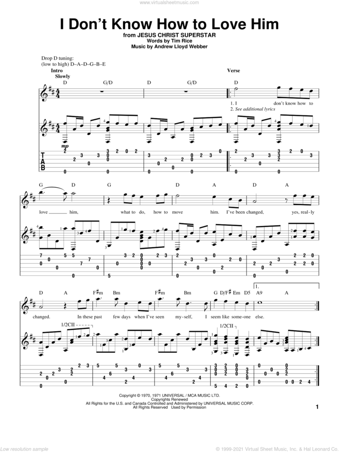 I Don't Know How To Love Him sheet music for guitar solo by Andrew Lloyd Webber, Jesus Christ Superstar (Musical) and Tim Rice, intermediate skill level