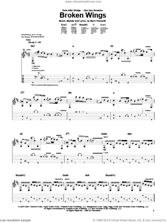 Broken Wings sheet music for guitar (tablature) by Alter Bridge and Mark Tremonti, intermediate skill level