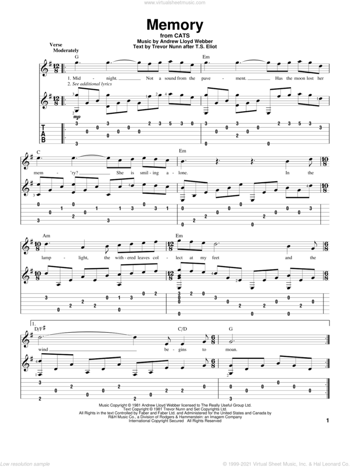 Memory (from Cats), (intermediate) sheet music for guitar solo by Andrew Lloyd Webber, Barbra Streisand and Cats (Musical), intermediate skill level