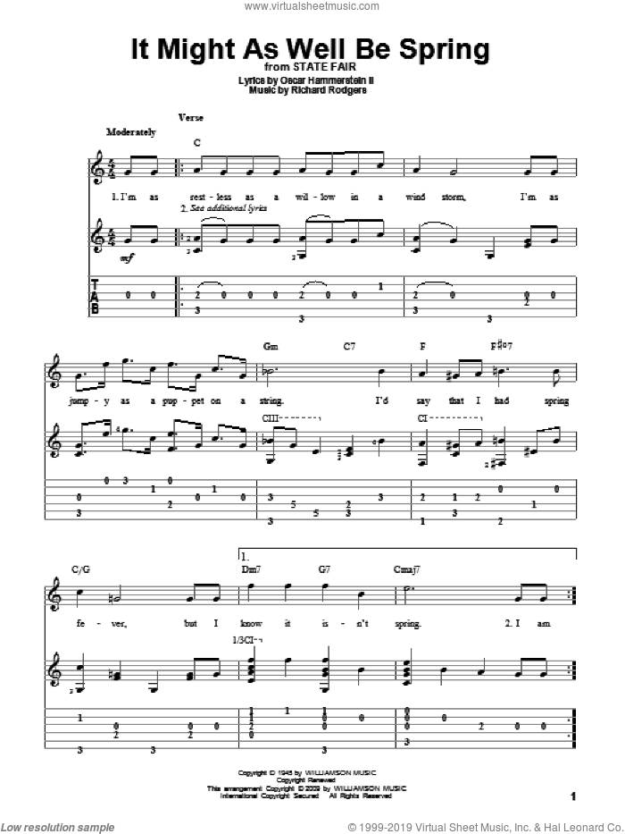 It Might As Well Be Spring sheet music for guitar solo by Rodgers & Hammerstein, State Fair (Musical), Oscar II Hammerstein and Richard Rodgers, intermediate skill level