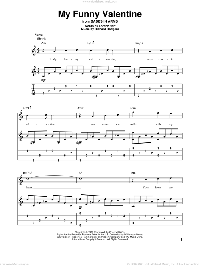 My Funny Valentine sheet music for guitar solo by Rodgers & Hart, Babes In Arms (Musical), Lorenz Hart and Richard Rodgers, intermediate skill level