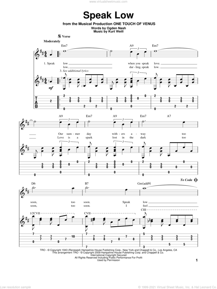 Speak Low sheet music for guitar solo by Kurt Weill and Ogden Nash, intermediate skill level