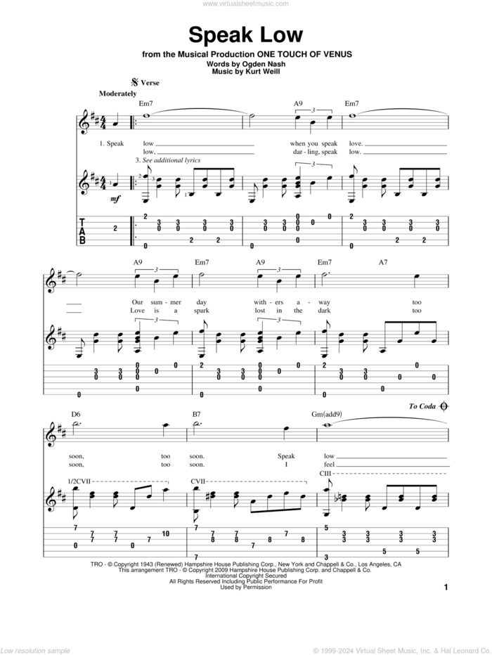 Speak Low sheet music for guitar solo by Kurt Weill and Ogden Nash, intermediate skill level