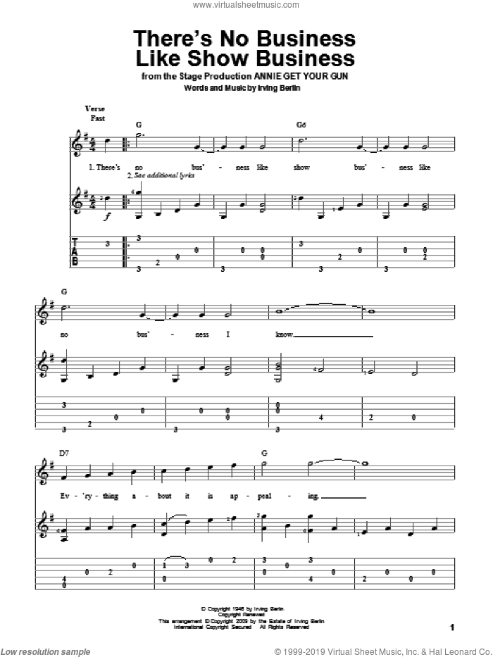 There's No Business Like Show Business sheet music for guitar solo by Irving Berlin and Annie Get Your Gun (Musical), intermediate skill level