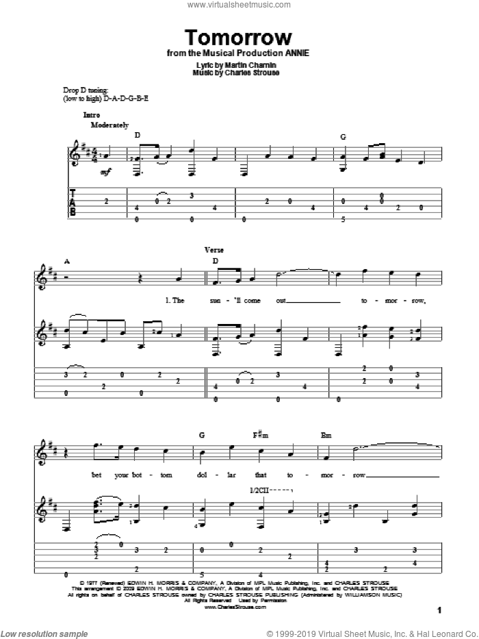 Tomorrow sheet music for guitar solo by Charles Strouse, Annie (Musical) and Martin Charnin, intermediate skill level