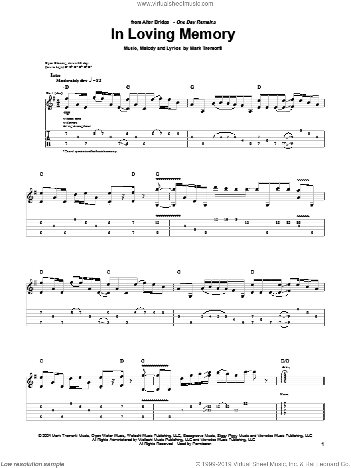 In Loving Memory sheet music for guitar (tablature) by Alter Bridge and Mark Tremonti, intermediate skill level