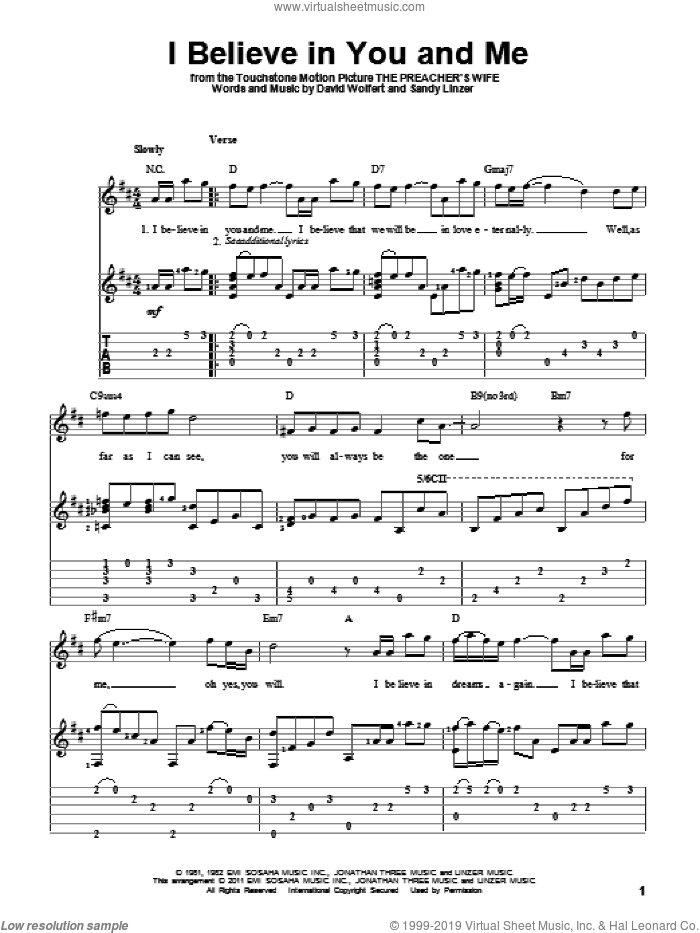 I Believe In You And Me sheet music for guitar solo by The Four Tops, Whitney Houston, David Wolfert and Sandy Linzer, wedding score, intermediate skill level