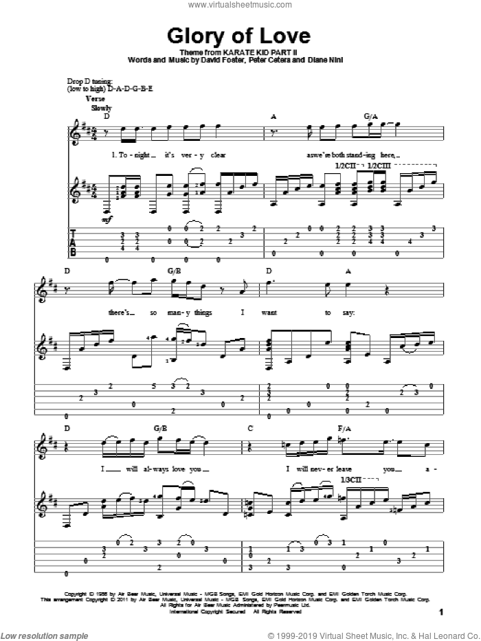 Glory Of Love sheet music for guitar solo by Peter Cetera, David Foster and Diane Nini, wedding score, intermediate skill level